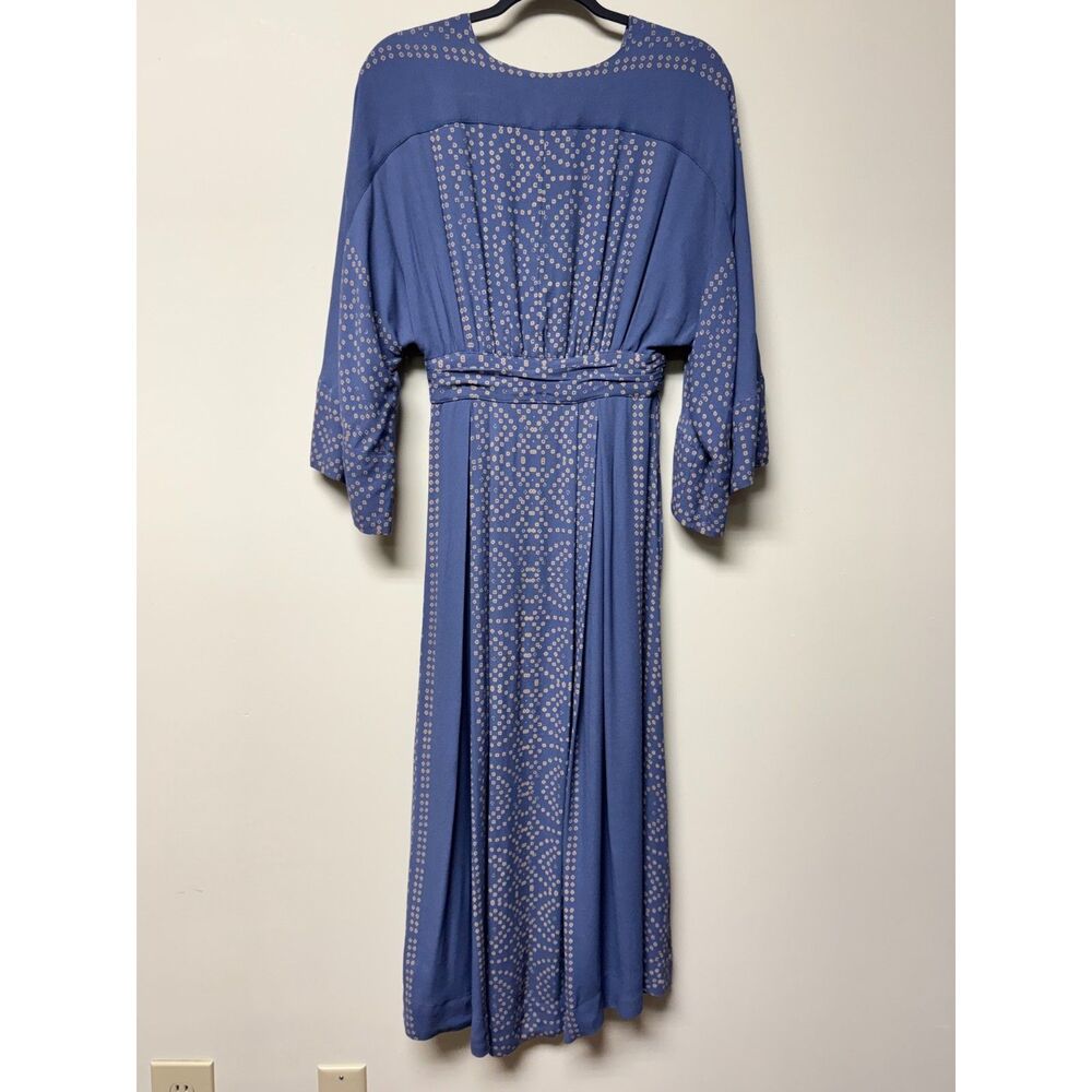 FREE PEOPLE Blue/Tan Modern Kimono Sleeve V-Neck Lace Up Midi/Maxi Dress, Sz 2 - Picture 10 of 16